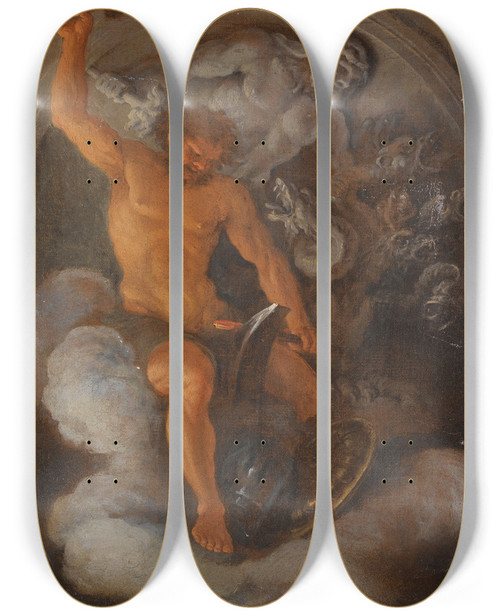 Triptych art skateboard deck of Filippo Lauri Vulcan At His Forge Behind Hima Basrelief Of Herculesfighting The Hydra by Filippo Lauri (1623-1694)