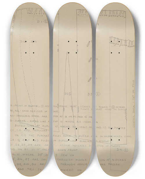 Triptych art skateboard deck of Nancy Crimi Dress Pattern_1 by Nancy Crimi (20-)