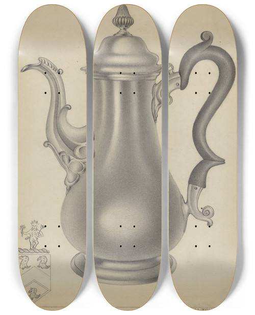 Triptych art skateboard deck of Aaron Fastovsky Silver Coffee Pot by Aaron Fastovsky