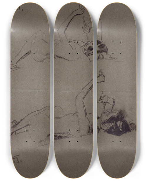 Triptych art skateboard deck of Wilhelm Trbner Zwei Weibliche Akte Auf Dem Rcken Liegend by Wilhelm Trubner (1851-1917)