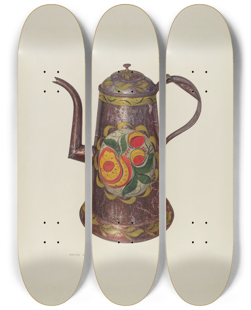Triptych art skateboard deck of Wayne White Coffeepot by Wayne White