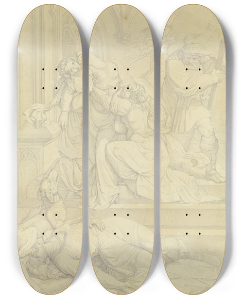 Triptych art skateboard deck of Peter Von Cornelius Kriemhild Erblickt Siegfrieds Leiche by Peter Von Cornelius (1784-1867)