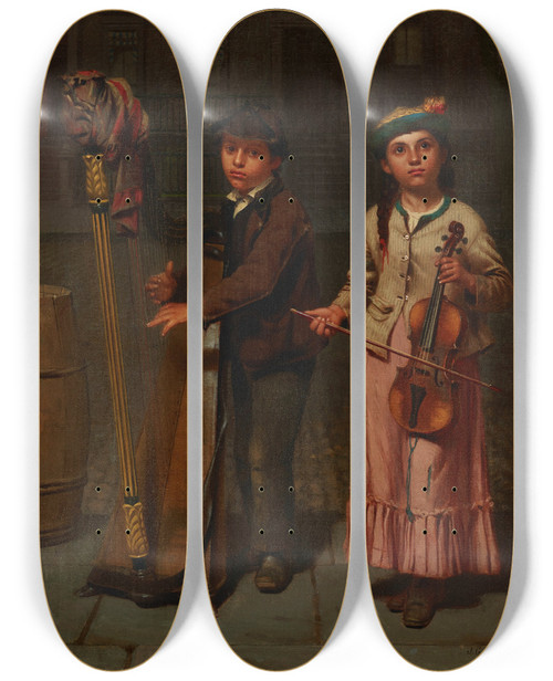 Triptych art skateboard deck of John George Brown The Two Musicians by John George Brown (1831-1913)