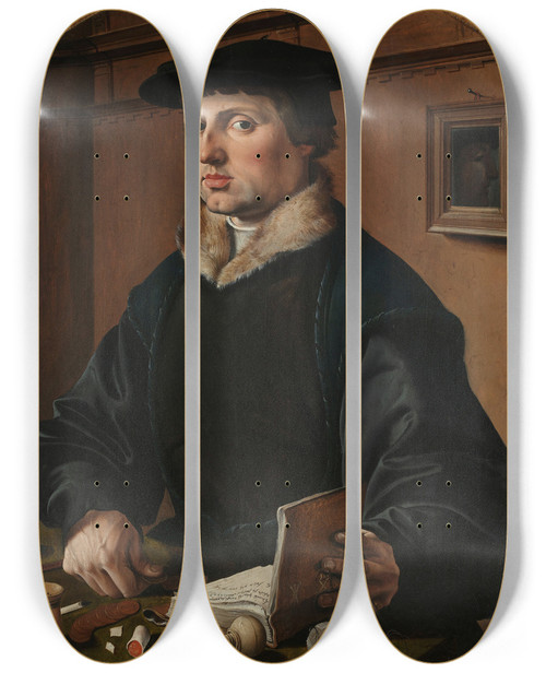Triptych art skateboard deck of Maarten Van Heemskerck Portrait Of A Man Possibly Pieter Gerritsz Bicker by Maarten Van Heemskerck (1498-1574)