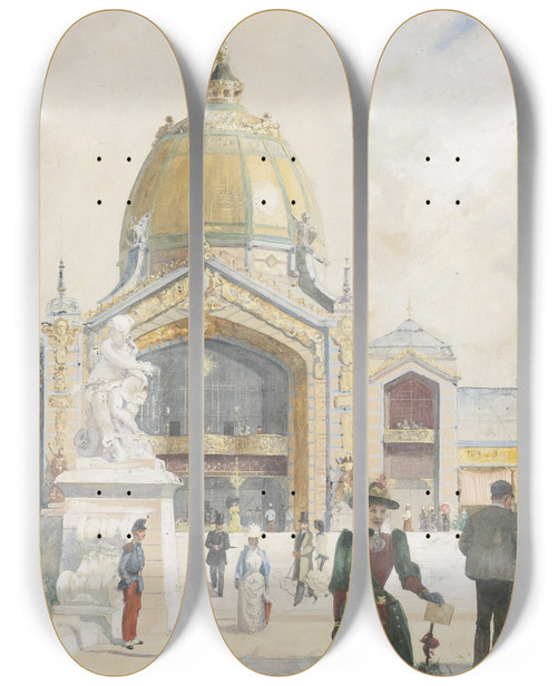 Triptych art skateboard deck of Maurice Leloir The 1900 Worlds Fair Exhibition On The Champ De Mars by Maurice Leloir (1853-1940)