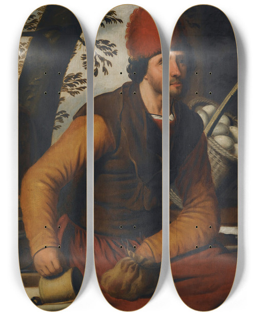 Triptych art skateboard deck of Pieter Pietersz A Peasant With A Basket Of Eggs by Pieter Pietersz (1540-1603)