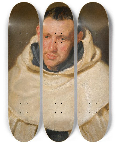 Triptych art skateboard deck of Anthony Van Dyck Portrait Of Acarmelite Monk Head And Shoulders by Anthony Van Dyck (1599-1641)