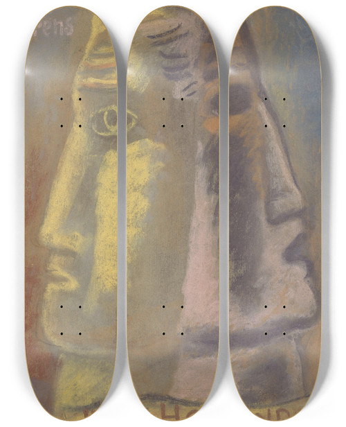 Triptych art skateboard deck of Leo Gestel Ontwerpschets Voor Paul Fierens Lart Hollandais Contemporain Twee Mannen Hoofden En Profil Afgebeeld Van Elkaar Weg Kijkend by Leo Gestel (1881-1941)