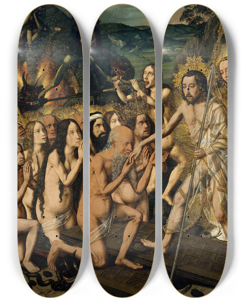 Triptych art skateboard deck of Bartolom Bermejo Descent Of Christ Into Limbo by Bartolome Bermejo (1440-1501)