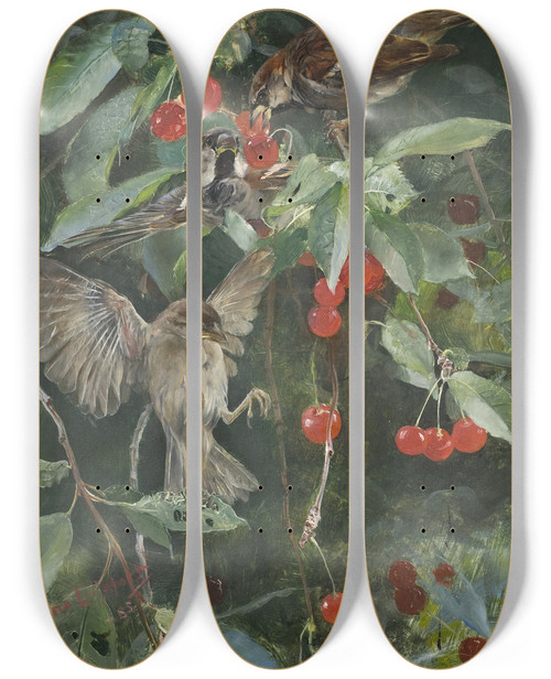Triptych art skateboard deck of Bruno Liljefors Sparrows In A Cherry Tree by Bruno Liljefors (1860-1939)