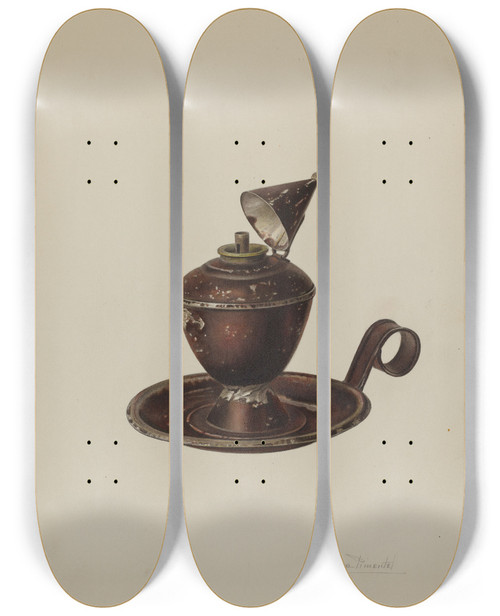 Triptych art skateboard deck of Palmyra Pimentel Sperm Oil Lamp by Palmyra Pimentel