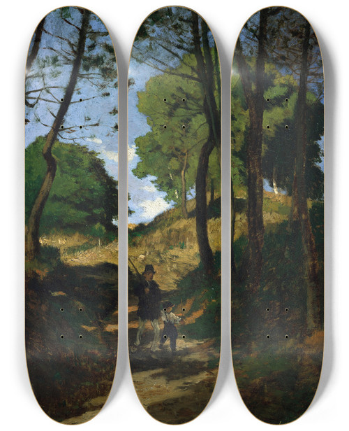 Triptych art skateboard deck of Henrijoseph Harpignies Fir Trees In Les Trembleaux Near Marlotte Sapins Aux Trembleaux Marlotte by Henri Joseph Harpignies (1819-1916)