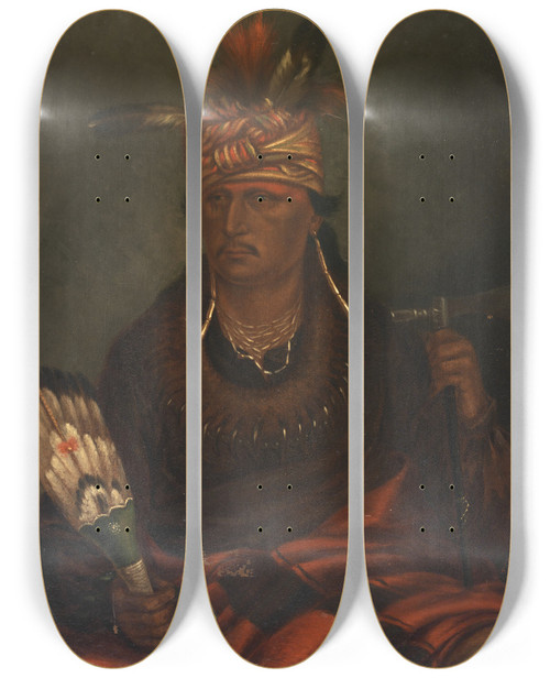 Triptych art skateboard deck of Antonio Zeno Shindler Chetanwoakutoamang The Hawk Who Hunts Walking by Antonio Zeno Shindler (1823-1899)