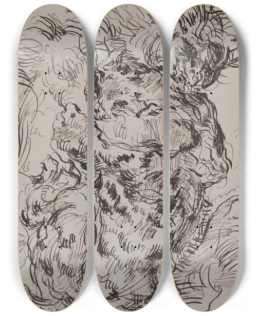 Triptych art skateboard deck of James Ensor Lion And Tiger In Combat by James Ensor (1860-1949)