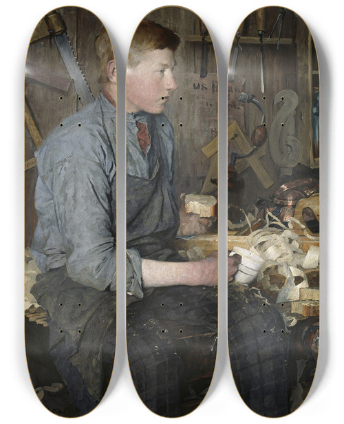 Triptych art skateboard deck of Fredrik Kolst The Young Carpenter by Fredrik Kolsto (1860-1945)