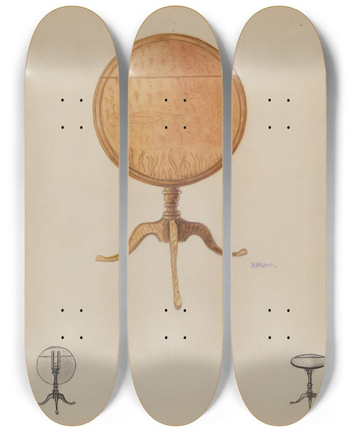 Triptych art skateboard deck of Herbert Marsh Crows Nest Tilt Top Table by Herbert Marsh