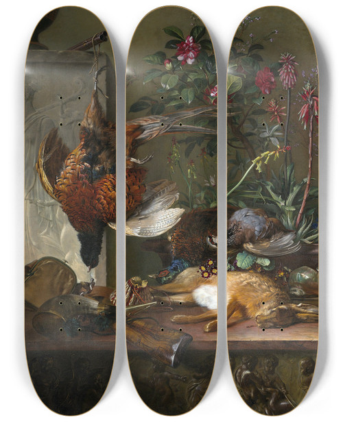 Triptych art skateboard deck of Georgius Jacobus Johannes Van Os Still Life With Game And A Greek Stele by Georgius Jacobus Johannes Van Os (1782-1861)