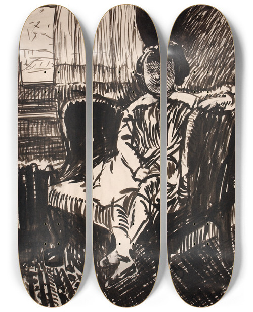 Triptych art skateboard deck of Henry Lyman Saen Untitled Girl Seated In Chair by Henry Lyman Saen (1875-1918)