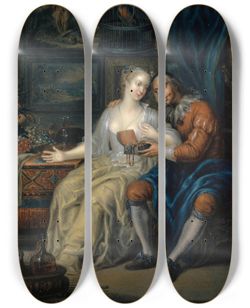 Triptych art skateboard deck of Johann Georg Platzer Couple With Matchmaker by Johann Georg Platzer (1704-1761)