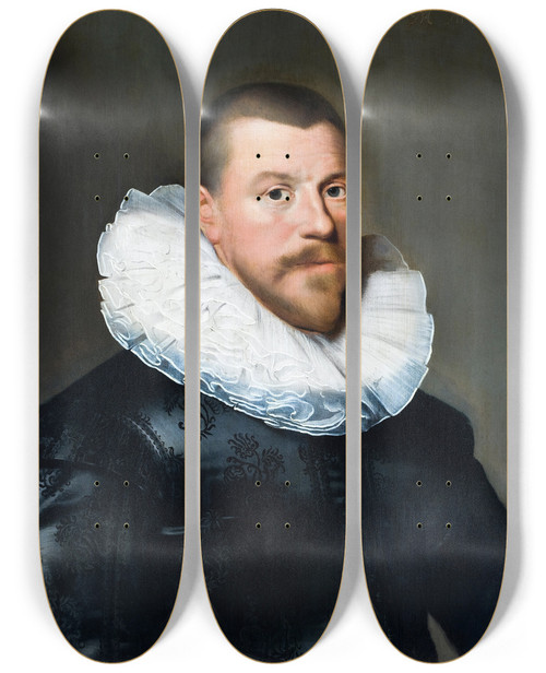 Triptych art skateboard deck of Johannes Paulus Moreelse Portrait Of A Middleaged Man by Johannes Pauwelsz Moreelse (1603-1634)