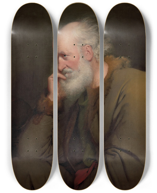 Triptych art skateboard deck of Joseph Wright Of Derby Study Of An Old Man by Joseph Wright Of Derby (1734-1797)