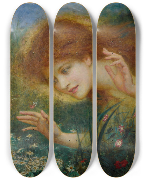 Triptych art skateboard deck of Henry John Stock Discovering Daisies by Henry John Stock (1853-1930)