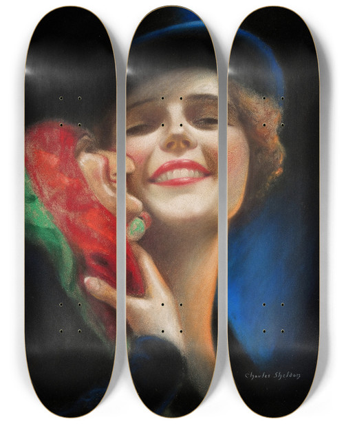 Triptych art skateboard deck of Charles Gates Sheldon Woman With Mask by Charles Gates Sheldon (1889-1961)