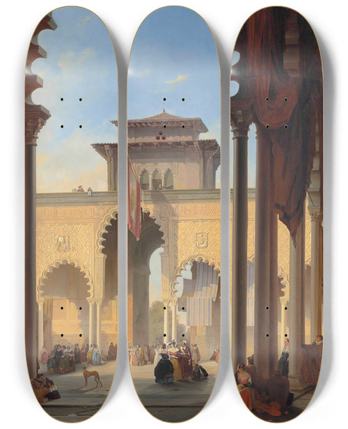 Triptych art skateboard deck of Franois Antoine Bossuet Court Of The Lions The Alhambra Granada by Francois Antoine Bossuet (1798-1889)