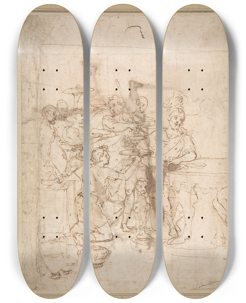 Triptych art skateboard deck of Cesare Nebbia Banquet Scene A Seated Warrior Attended By A Number Of Servants by Cesare Nebbia (1536-1622)