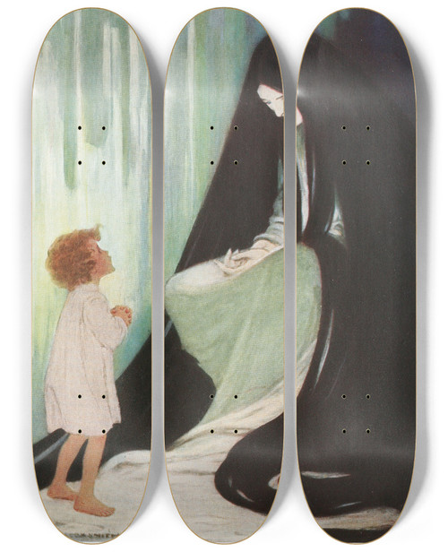 Triptych art skateboard deck of Jessie Willcox Smith Are You Ill Dear North Wind by Jessie Willcox Smith (1863-1935)