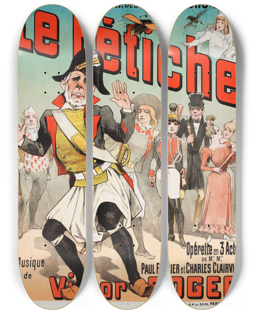 Triptych art skateboard deck of Alfred Choubrac Th Des Menusplaisirs Le Ftiche by Alfred Choubrac (1853-1902)
