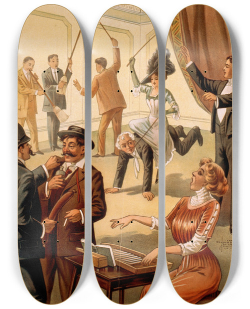 Triptych art skateboard deck of Donalson Lith Co Hypnotist Directing People To Do Unusual Activities Ii by Donalson Lith Co (1863)