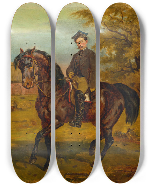 Triptych art skateboard deck of Juliusz Kossak Portrait Of A Horseman In A Peaked Cap by Juliusz Kossak (1824-1899)