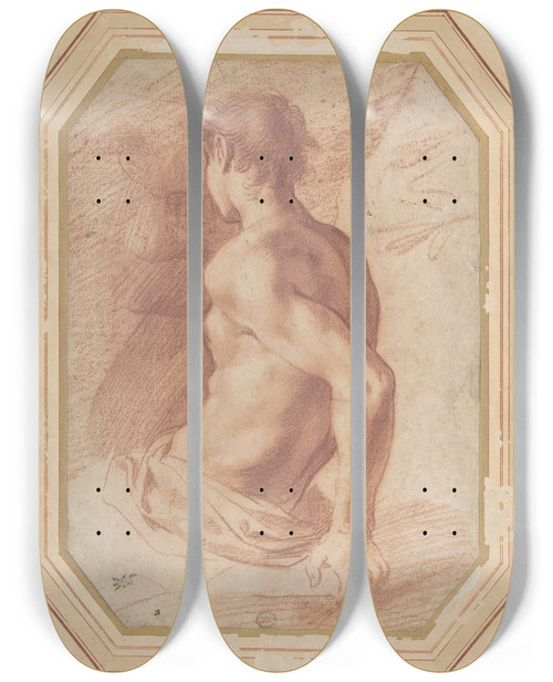 Triptych art skateboard deck of Annibale Carracci Back View Of A Seated Nude Youth Facing Left by Annibale Carracci (1560-1609)