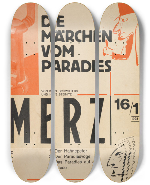 Triptych art skateboard deck of Kurt Schwitters Die Mrchen Vom Paradies_1 by Kurt Schwitters (1887-1948)