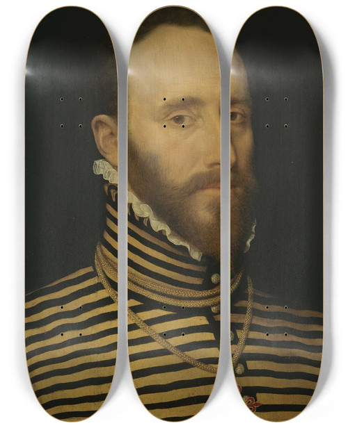 Triptych art skateboard deck of Frans Pourbus The Elder Portrait Of A Knight Of The Order Of Calatrava Probably Of The Sorias Or Soreau Lineage Sorel by Frans Pourbus The Elder (1523-1584)