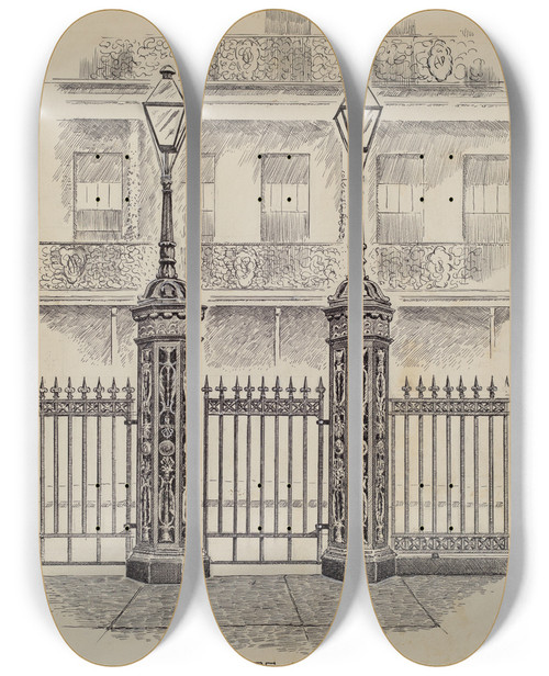 Triptych art skateboard deck of Al Curry Cast Iron Gate And Fence_2 by Al Curry (20-)