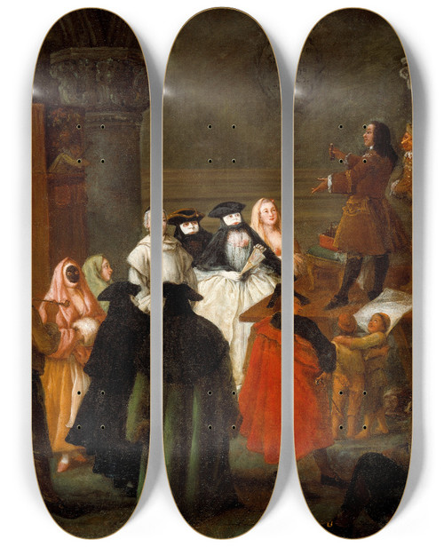 Triptych art skateboard deck of Pietro Longhi The Quack Doctor by Pietro Longhi (1702-1785)