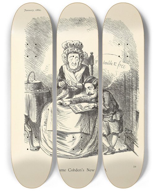 Triptych art skateboard deck of Sir John Tenniel Dame Cobdens New Pupil by Sir John Tenniel (1820-1914)
