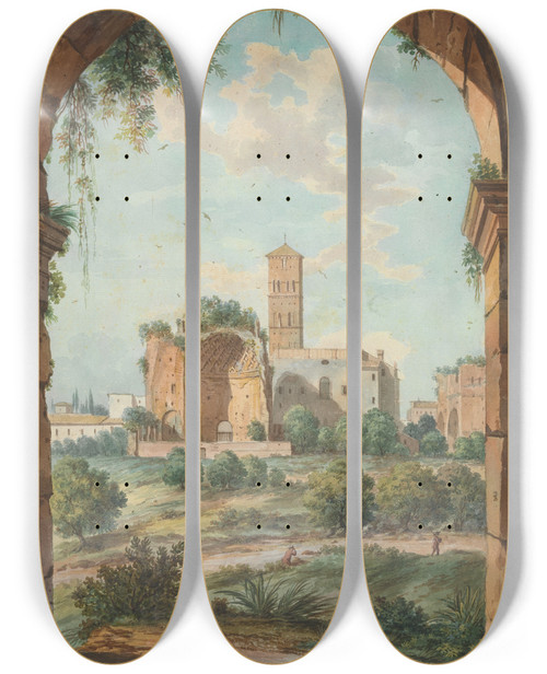 Triptych art skateboard deck of Willey Reveley Rome With Ruins Seen Through An Archway by Willey Reveley (1760-1799)