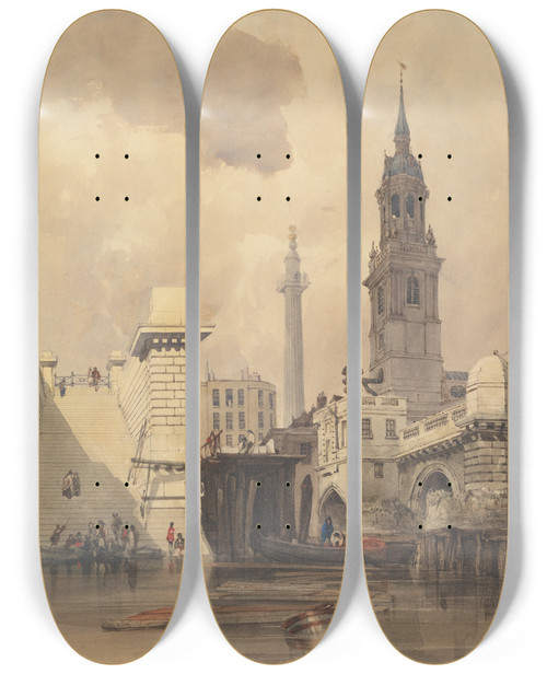 Triptych art skateboard deck of Thomas Shotter Boys The Church Of St Magnus The Martyr London Bridge With The Monument In The Background by Thomas Shotter Boys (1803-1874)