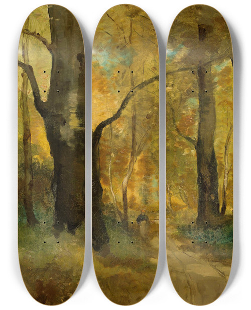 Triptych art skateboard deck of Witold Pruszkowski Forest In Autumn by Witold Pruszkowski (1846-1896)