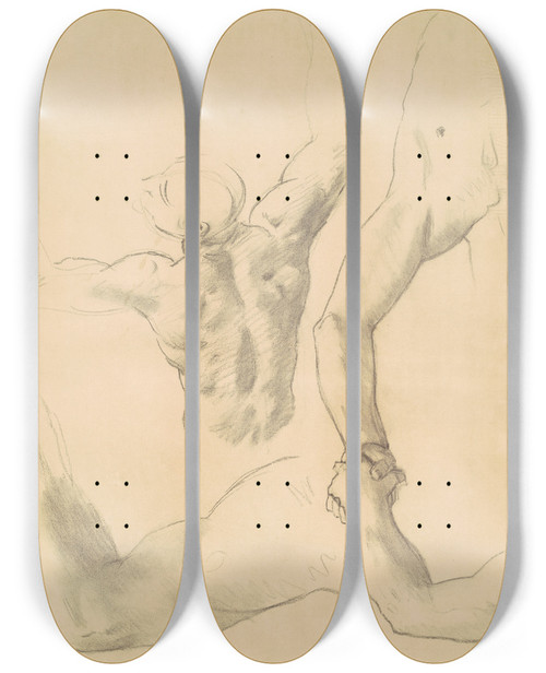 Triptych art skateboard deck of John Singer Sargent Studies For Two Classical Male Figures Wrestling by John Singer Sargent (1856-1925)