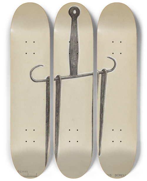 Triptych art skateboard deck of Francis Borelli Skewers And Holder by Francis Borelli