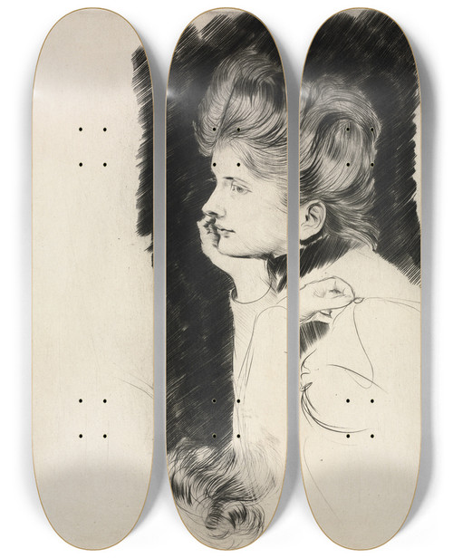 Triptych art skateboard deck of Paul Csar Helleu Head Of A Woman by Paul Cesar Helleu (1859-1927)