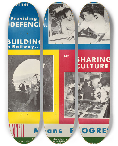 Triptych art skateboard deck of Us Information Agency Whether Providing For Defense Building A Railway Or Sharing Culture Cento Means Progress by U S Information Agency (1953-1999)