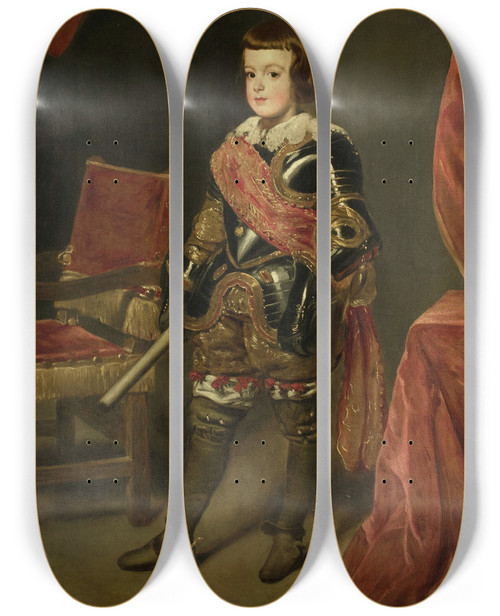 Triptych art skateboard deck of Juan Bautista Martinez Del Mazo Portrait Of Prince Baltasar Carlos Son Of The Spanish King Philip Iv At Approximately 11 Years Of Age by Juan Bautista Martinez Del Mazo (1612-1667)