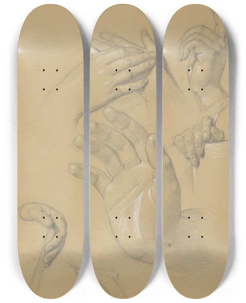 Triptych art skateboard deck of Jzef Simmler Studies Of Hands For The Painting The Immaculate Conception Of The Blessed Virgin Mary by Jozef Simmler (1823-1868)