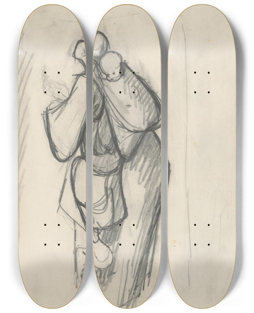 Triptych art skateboard deck of Jn Novk Study Of A Woman With A Child On Her Back by Jan Novak (1921-1944)