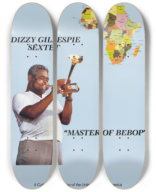 Triptych art skateboard deck of Us Information Agency Dizzy Gillespie Sextet by U S Information Agency (1953-1999)